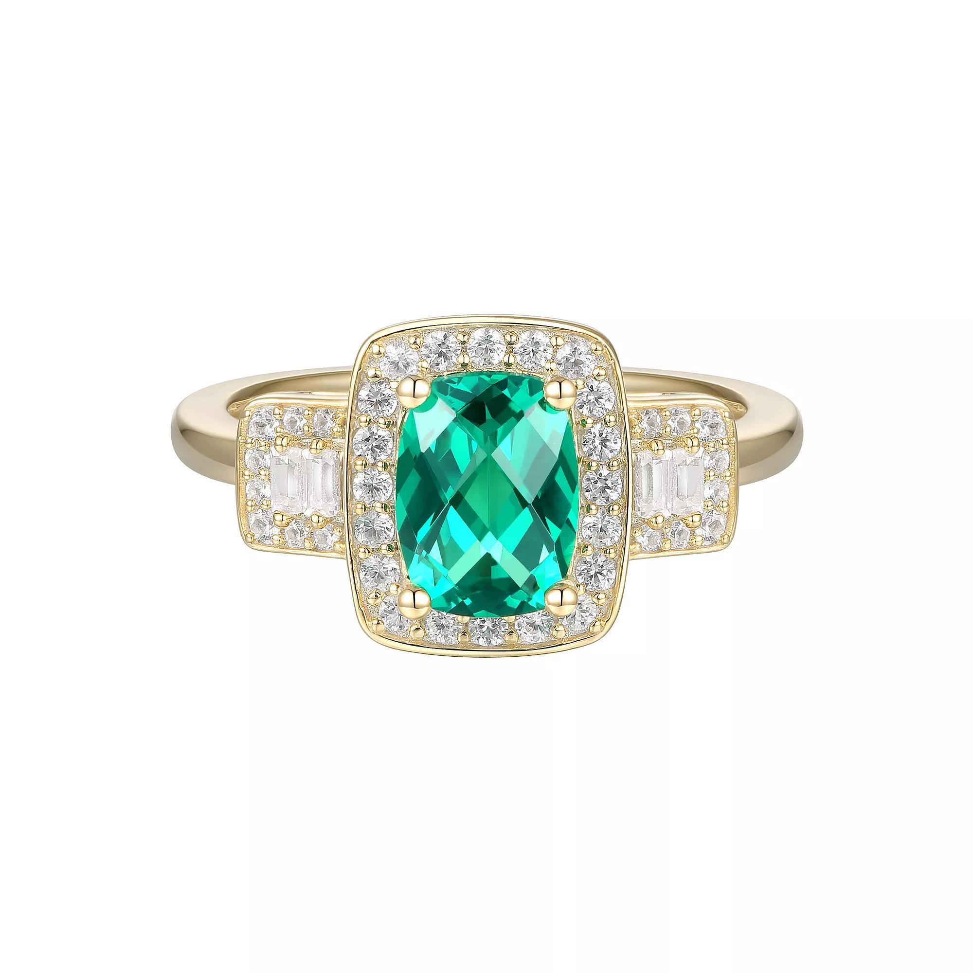 14k Gold Over Silver Lab-Created Emerald & Lab-Created White Sapphire Ring, Women's, Size: 7, Gold Tone Product Image