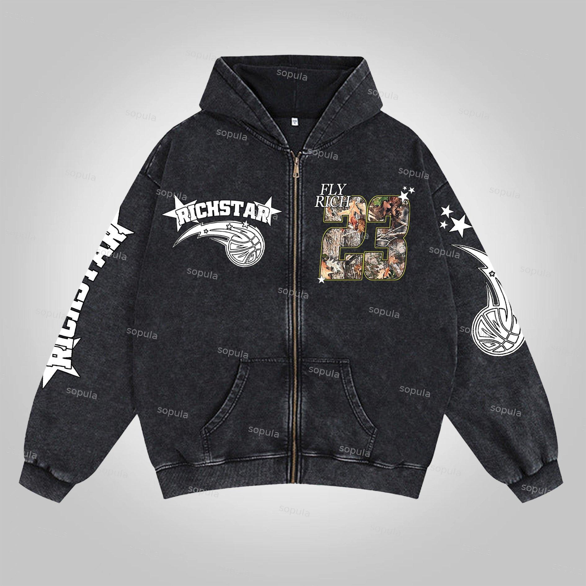 Sopula Relaxed Vintage Graphic Acid Washed Oversized Zip-Up Hoodie Product Image