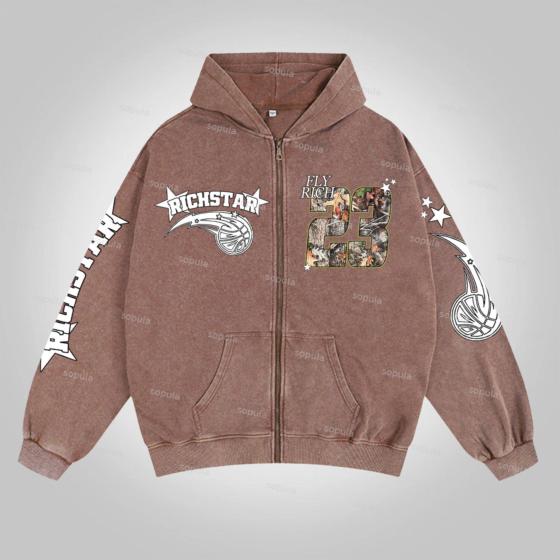 Sopula Relaxed Vintage Graphic Acid Washed Oversized Zip-Up Hoodie Product Image