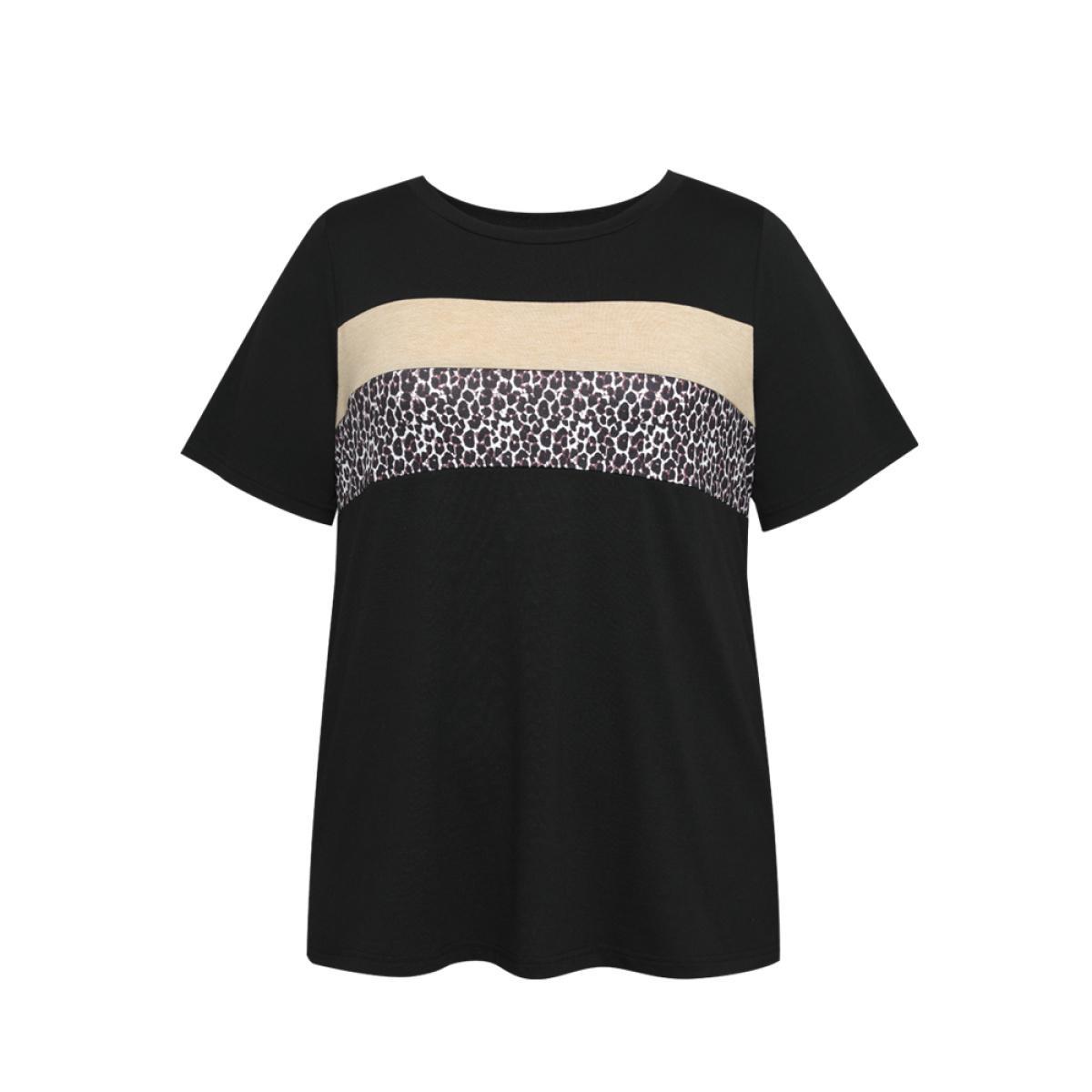 Plus Size Supersoft Essentials Leopard Colorblock Contrast Round Neck T-shirt Black Women Casual Leopard Round Neck Dailywear T-shirts BloomChic 28/5X Product Image