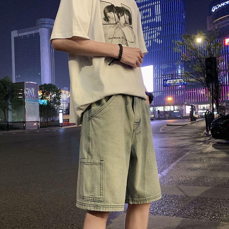 Mid Rise Washed Denim Cargo Shorts Product Image
