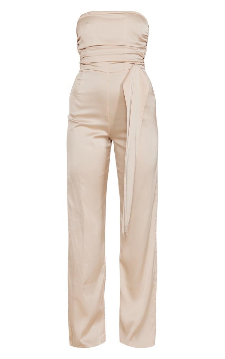 Champagne Satin Bandeau Pleat Detail Tie Side Jumpsuit Product Image