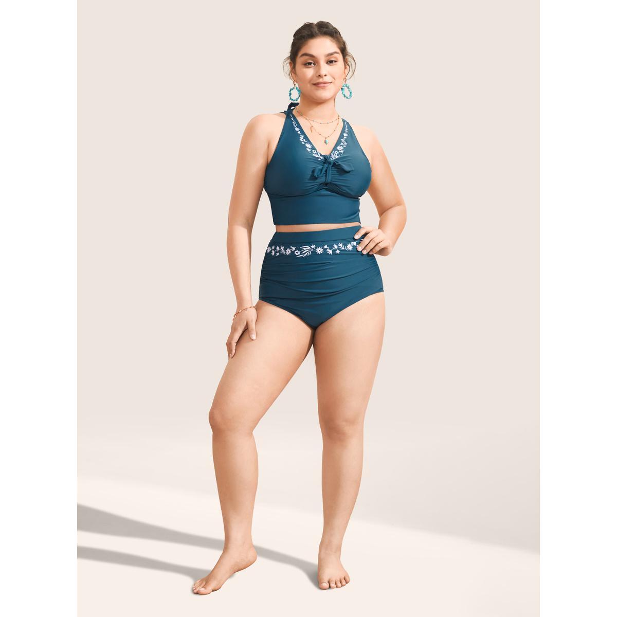 Plus Size Floral Embroidered Knot Ruched Swim Top Women's Swimwear Cyan Beach Non High stretch Skinny V-neck Curve Swim Tops BloomChic 30/6X Product Image
