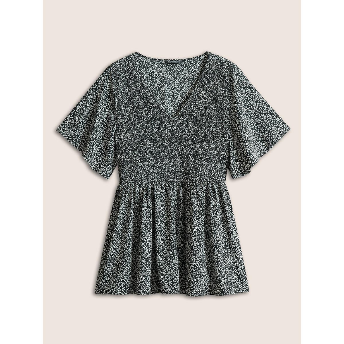 Plus Size Black Ditsy Floral Shirred Ruffle Sleeve Elastic Waist Blouse Women Elegant Short sleeve V-neck Everyday Blouses BloomChic 14-16/1X Product Image