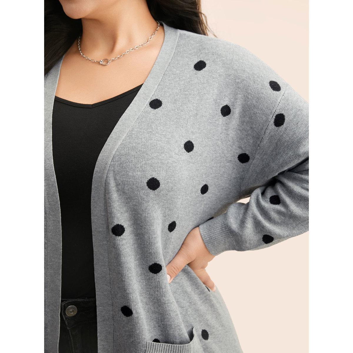 Plus Size Polka Dot Kimono Collar Patch Pocket Cardigan Mediumgray Women Casual Loose Long Sleeve Everyday Cardigans BloomChic 30/6X Product Image