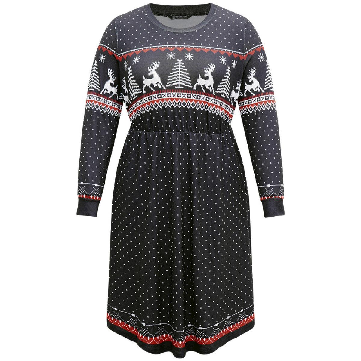 Plus Size Christmas Elk Patchwork Polka Dot Pocket Dress Black Women Casual Printed Round Neck Long Sleeve Curvy Midi Dress BloomChic 28/5X Product Image