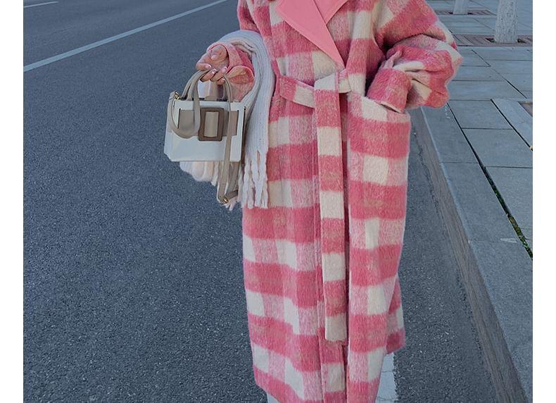 Lapel Collar Plaid Tie Waist Long Coat Product Image