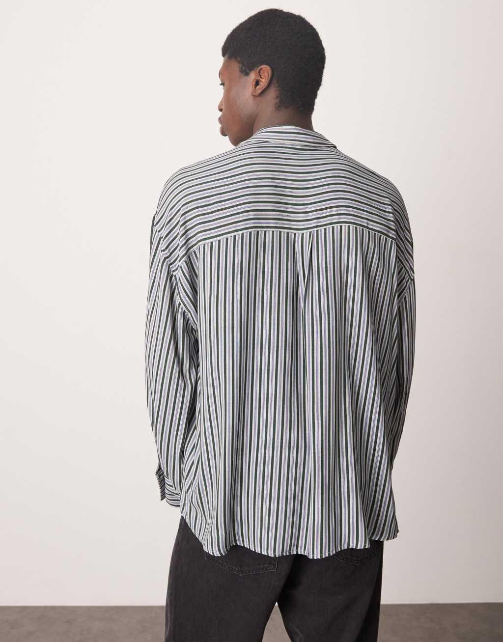 ASOS DESIGN volume oversized shirt with baggy sleeves in blue and green stripe Product Image