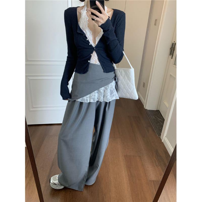 Halter-Neck V-Neck Lace Top / High Waist Wide Leg Pants / V-Neck Button-Up Cardigan Product Image
