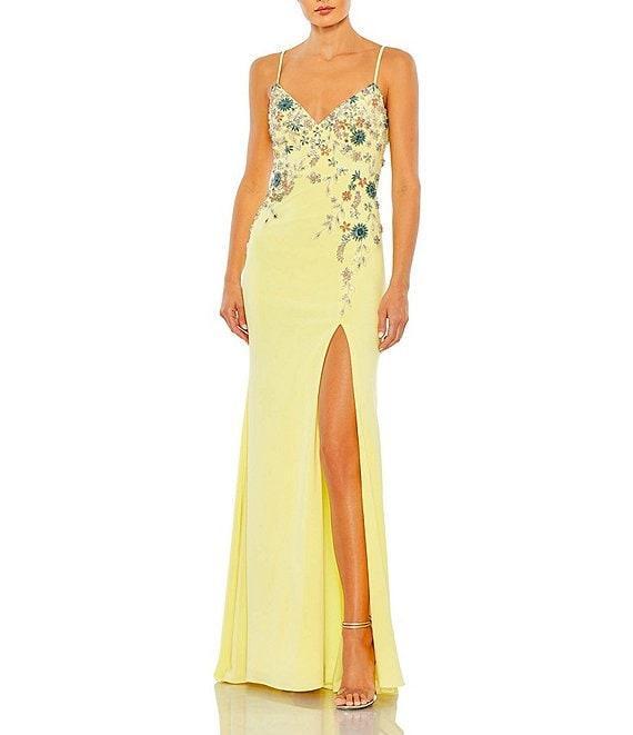 Mac Duggal Multi Color Floral Beaded V-Neck Sleeveless Open Back Detail Thigh High Slit Gown Product Image