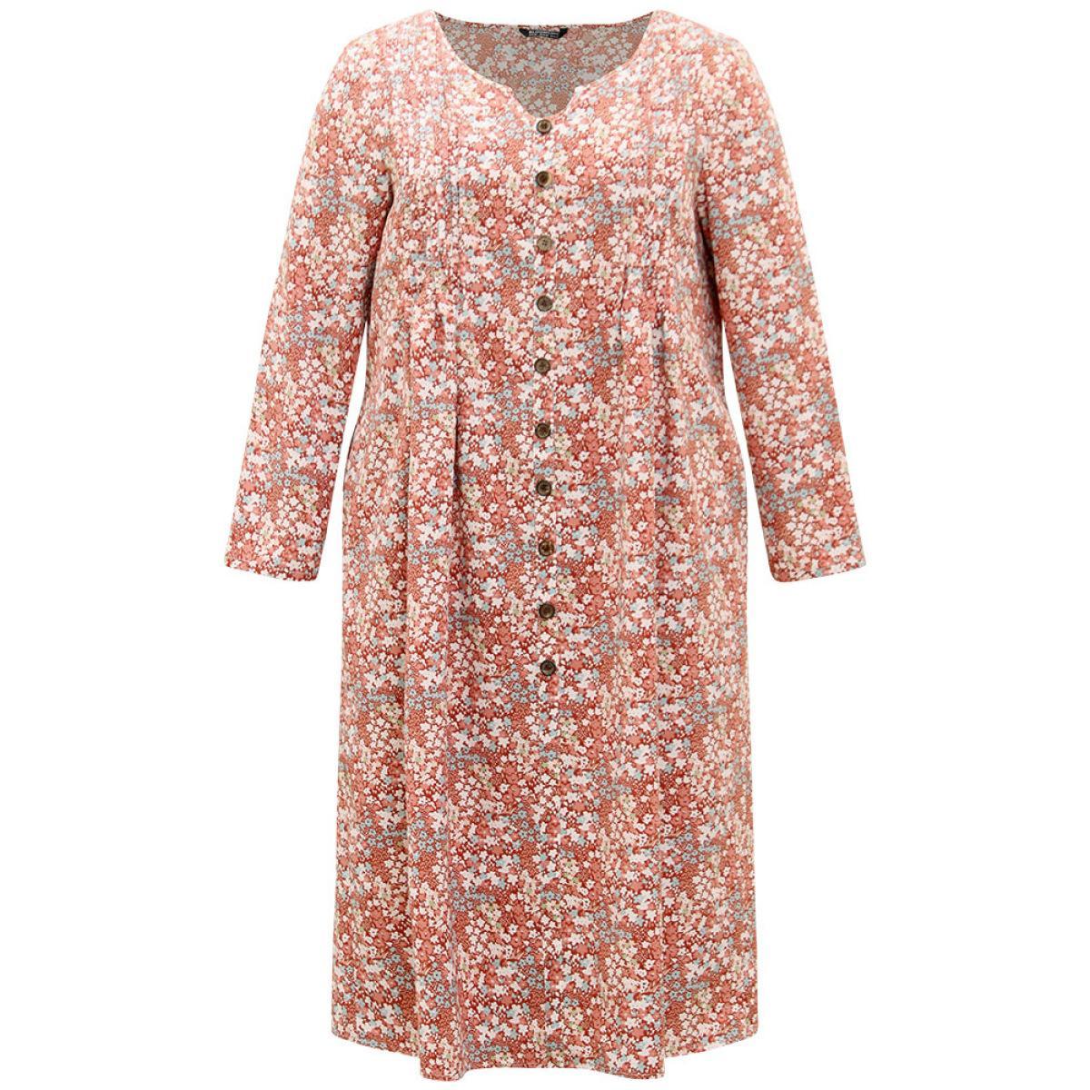 Plus Size Ditsy Floral Notched Pocket Button Detail Dress Russet Women Casual Printed Notched collar Long Sleeve Curvy Midi Dress BloomChic 30/6X Product Image