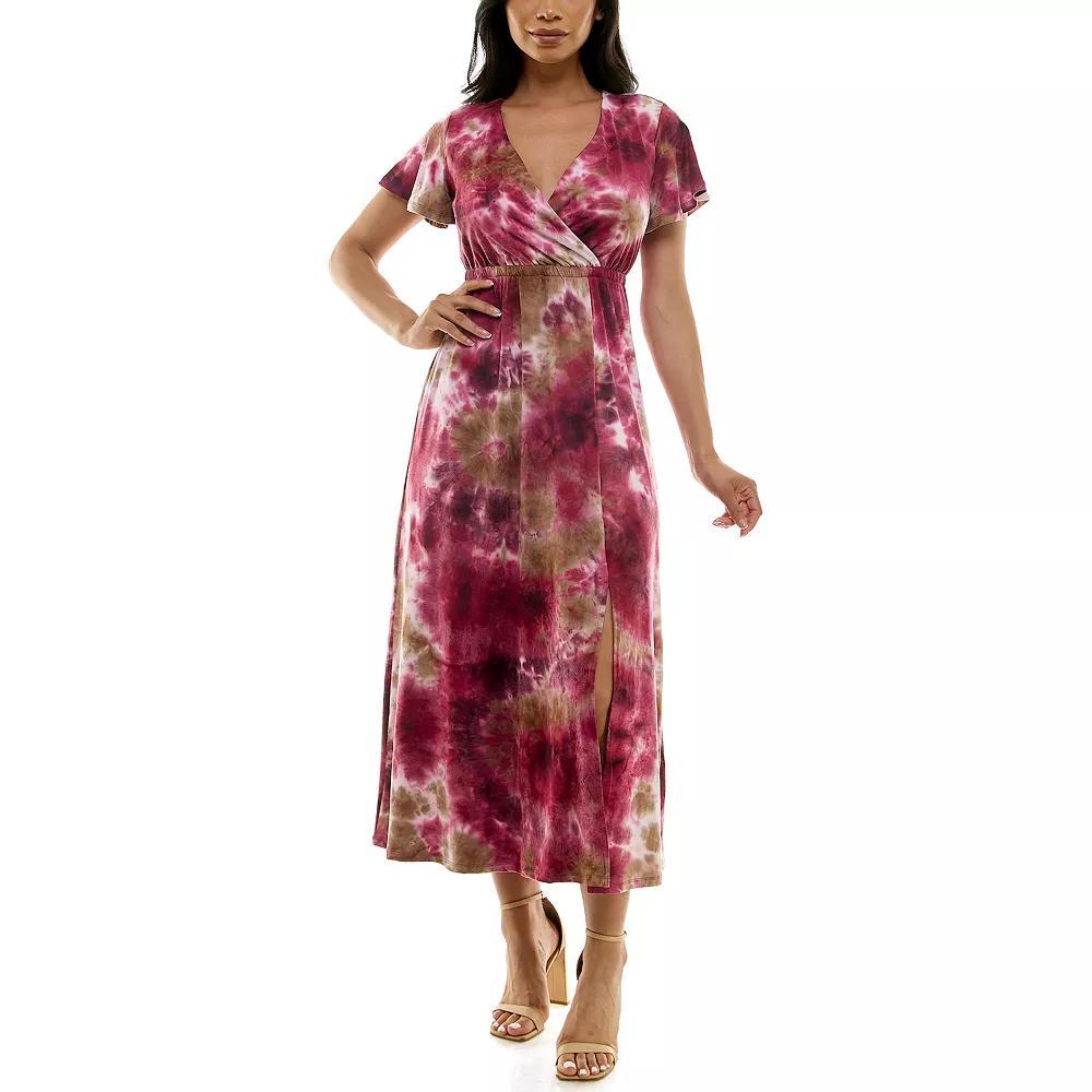 Women's Nina Leonard Tie Dye Print Flutter Sleeve V-Neck Maxi Dress, Size: Small, Grey Team Product Image