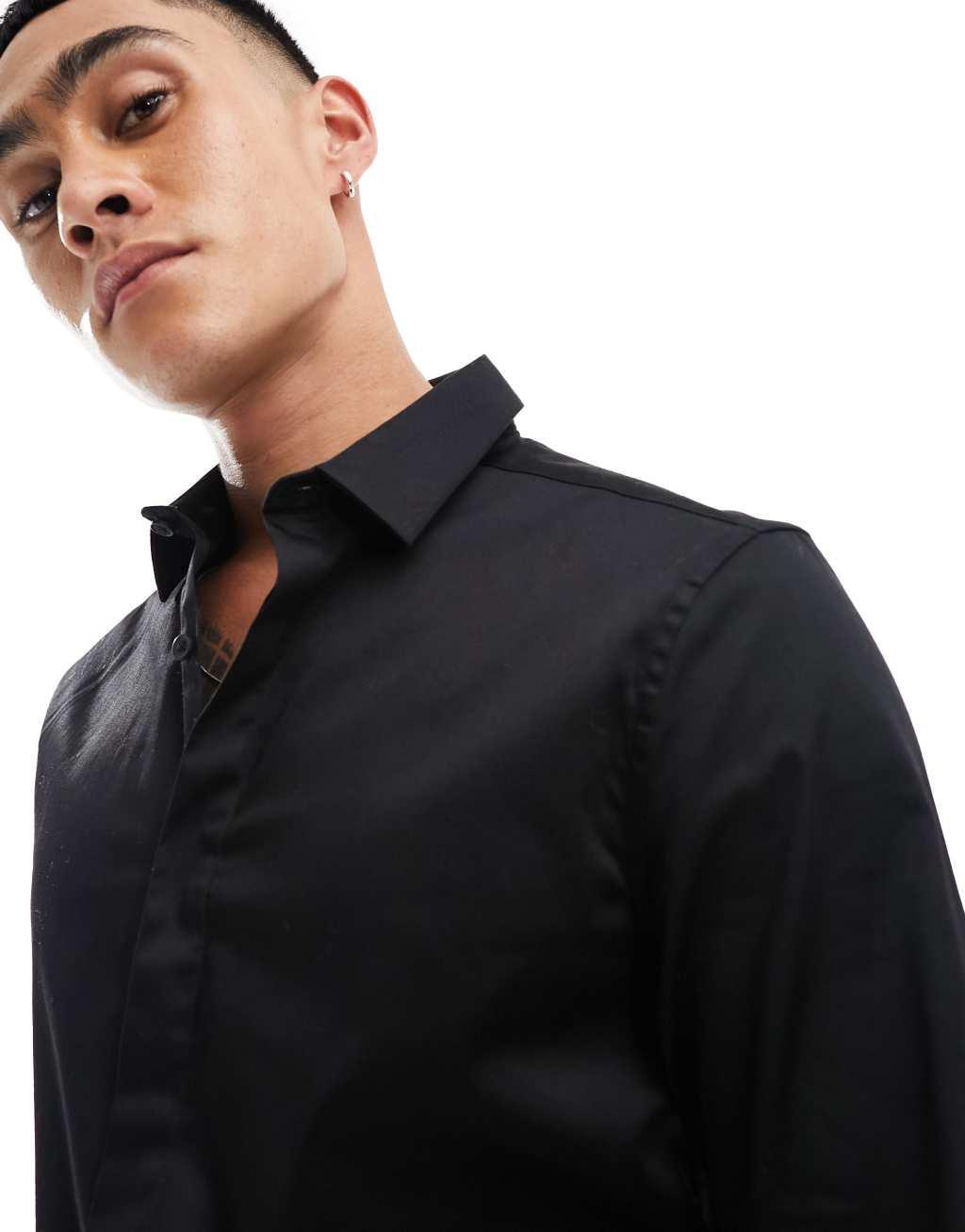 ASOS DESIGN slim fit sateen shirt in black   Product Image
