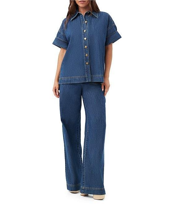 Trina Turk Opponent Denim Point Collar Short Sleeve Button Front Boxy Top Product Image