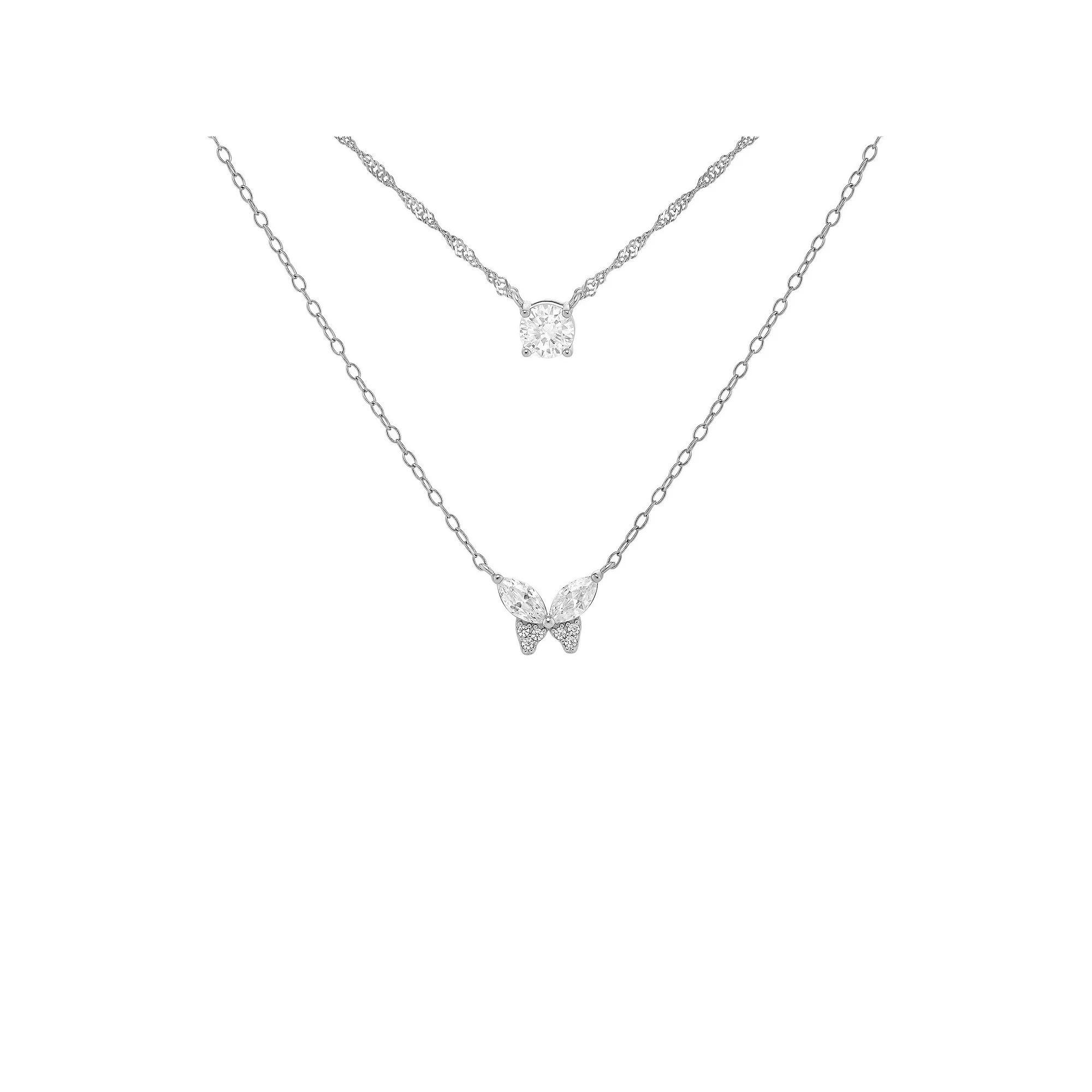 PRIMROSE Fine Silver Plated Round Cubic Zirconia Butterfly Double Layer Necklace, Womens Silver Tone White Product Image