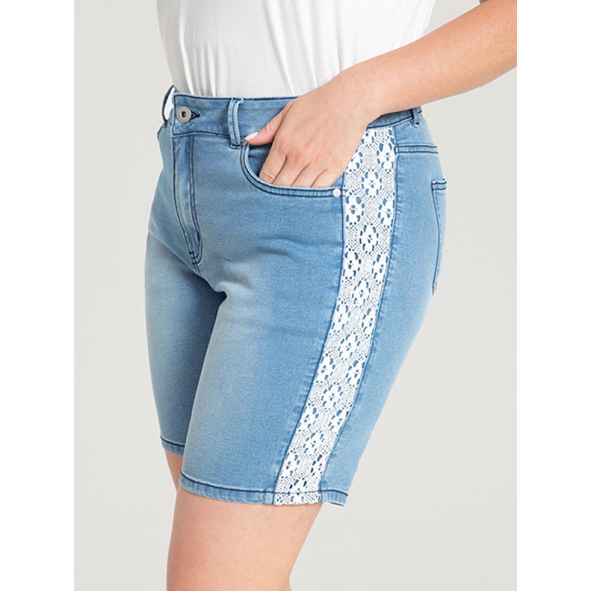 Plus Size Very Stretchy High Rise Light Wash Contrast Lace Denim Shorts Women LightBlue High stretch Dailywear Casual Denim Shorts BloomChic 30/6X Product Image