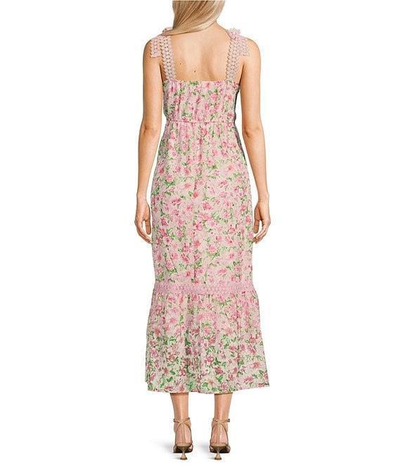 Blu Pepper Floral Print Tie Shoulder Square Neck Midi Dress Product Image