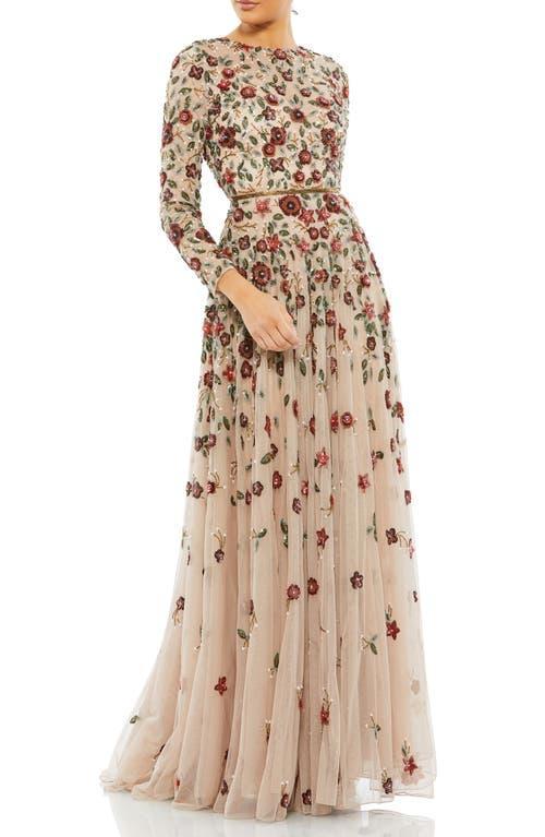 Mac Duggal Floral Beaded Crew Neck Long Sleeve Pleated Chiffon Gown Product Image