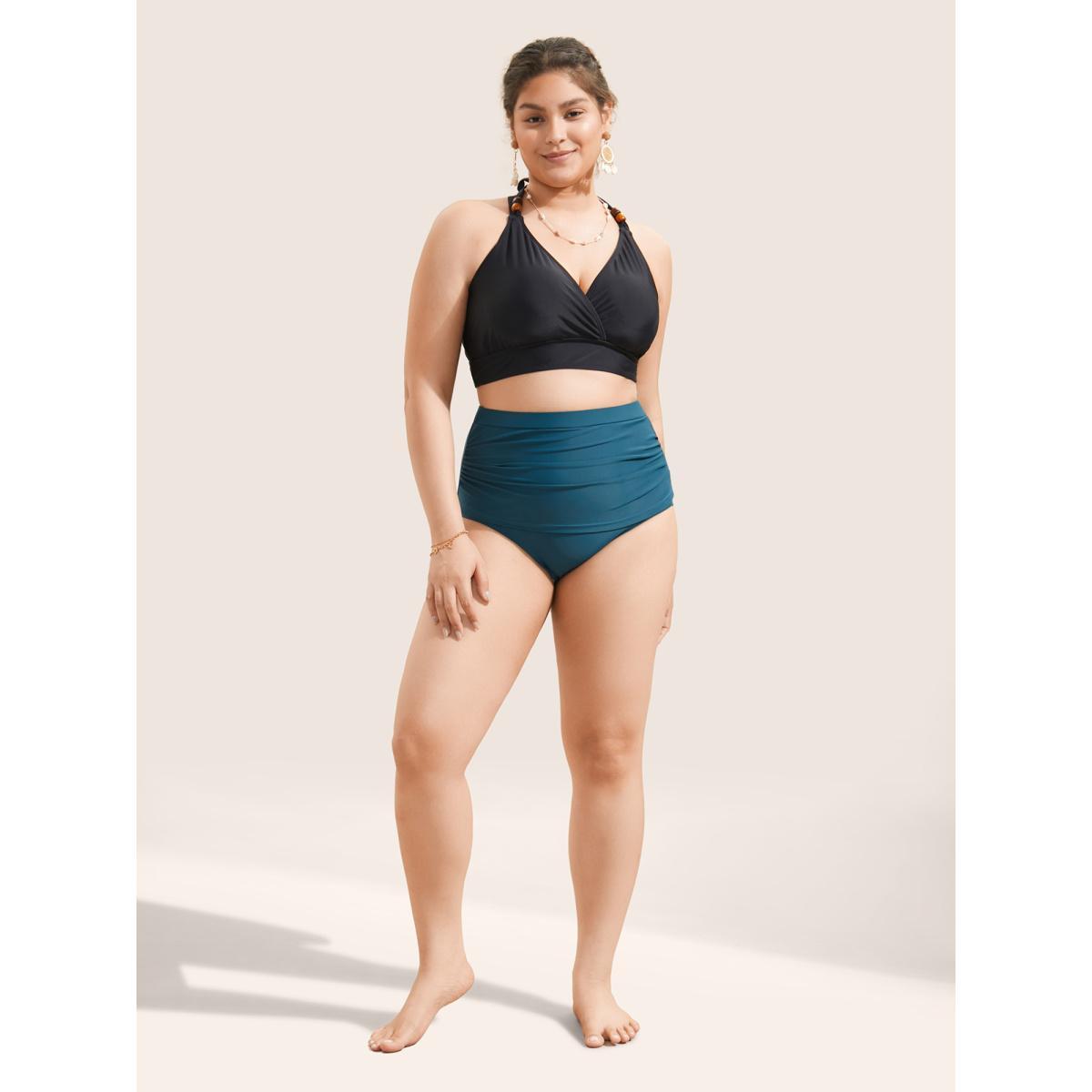 Plus Size Solid Ruched High Rise Swim Bottom Women's Swimwear Cyan Beach Non High stretch Skinny High Rise Curve Swim Bottoms BloomChic 22-24/3X Product Image