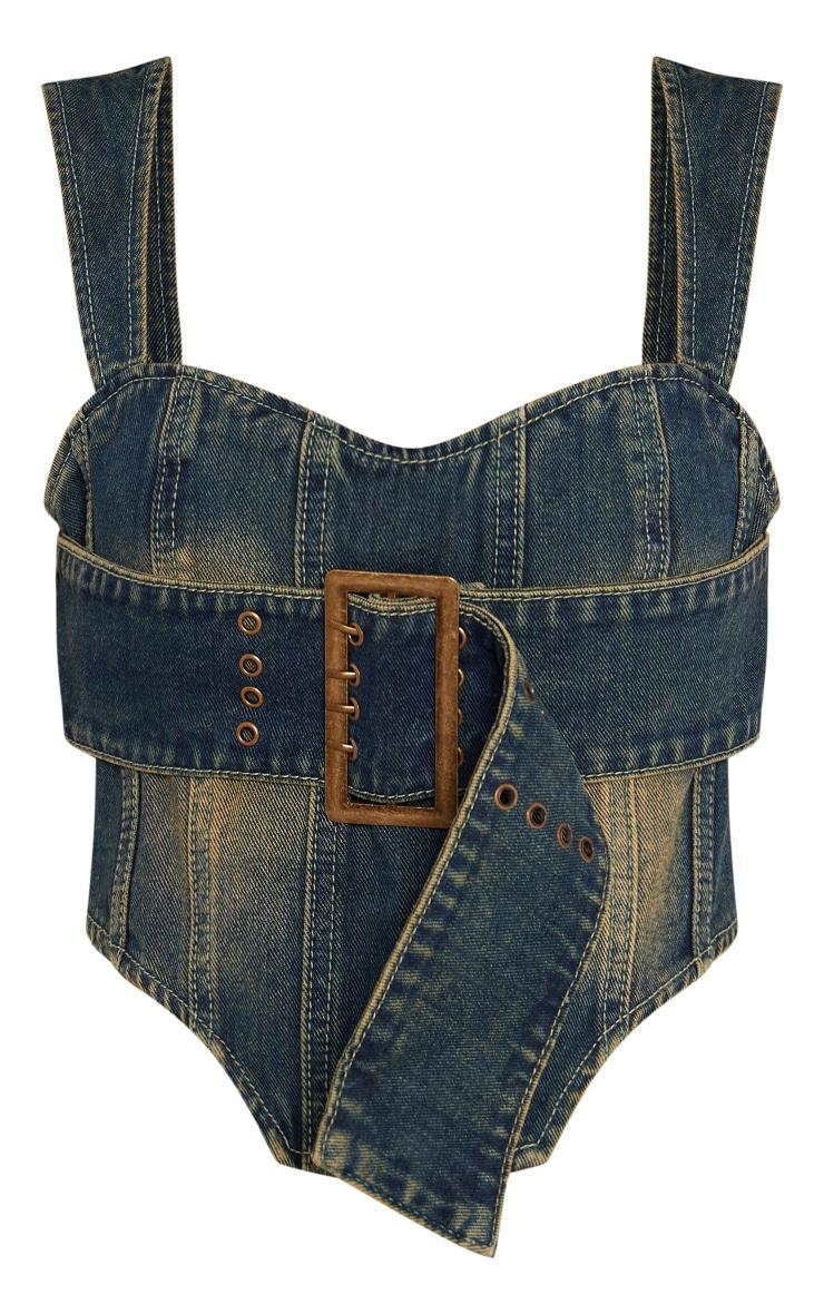 Petite Indigo Vintage Wash Denim Buckle Detail Corset Top Product Image