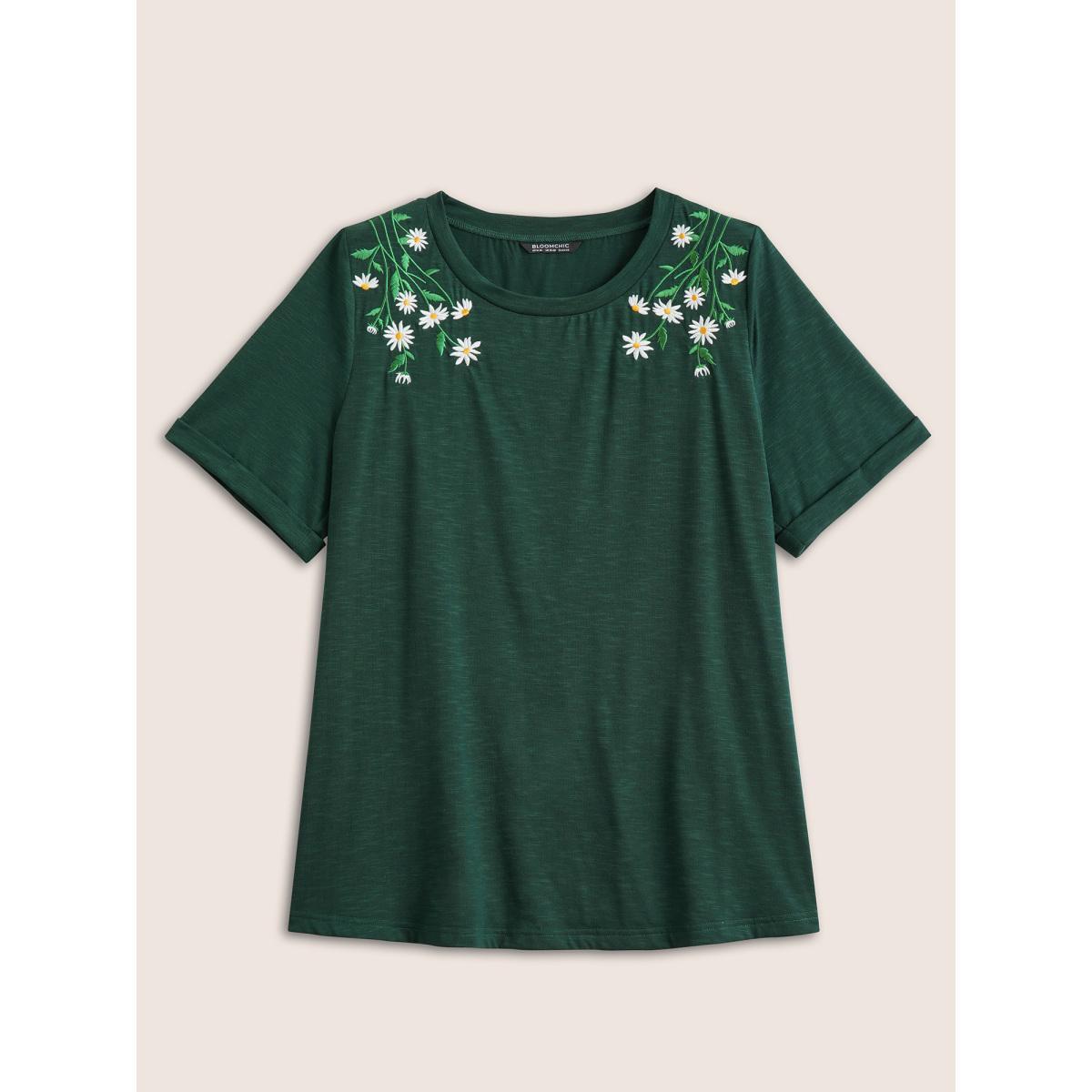 Plus Size Floral Embroidered Roll Sleeve T-shirt DarkGreen Women Elegant Roll Hem Plants Round Neck Everyday T-shirts BloomChic 28/5X Product Image