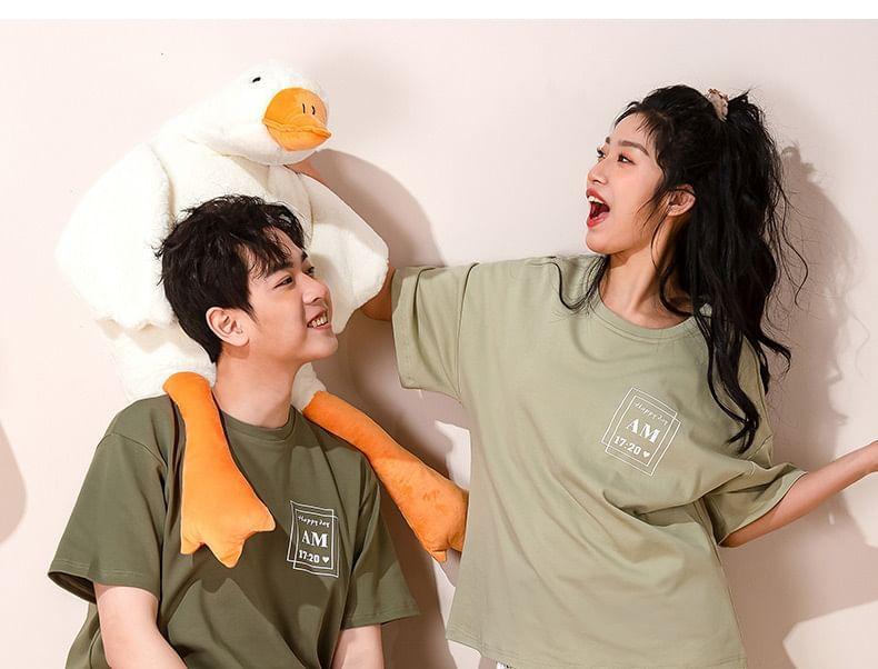 Couple Matching Pajama Set: Short-Sleeve Cartoon Print Padded T-Shirt + Plaid Shorts Product Image