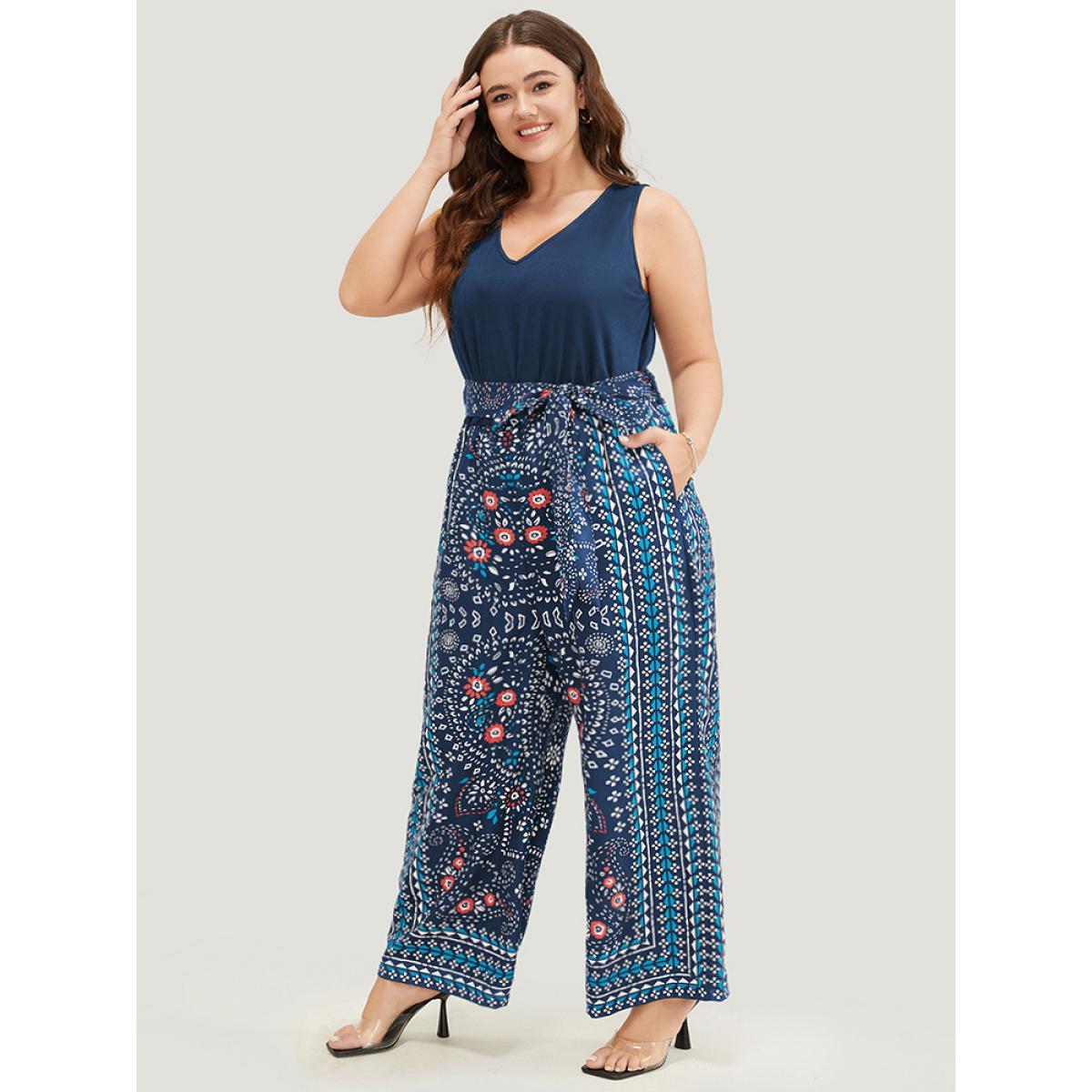 Plus Size DarkBlue Paisley Patchwork Zipper Pocket Belted Tank Jumpsuit Women Vacation Sleeveless V-neck Dailywear Loose Jumpsuits BloomChic 12/L Product Image
