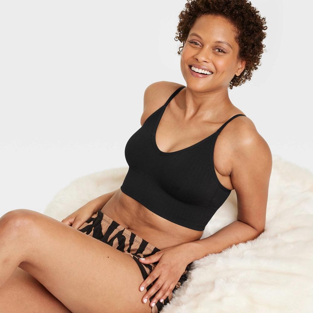 Women's Ribbed Seamless Longline Bralette - Auden™ Black S: Nylon Spandex Knit, Removable Cup, Pullover Product Image