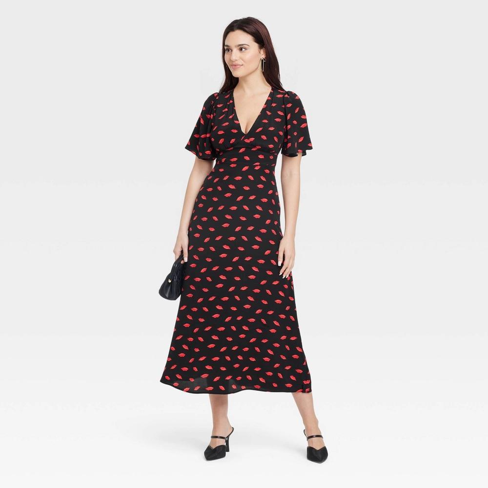 Womens Short Sleeve Maxi Sundress - A New Day Black/Red 12: V Neck, Flutter Sleeve, Crepe Fabric Product Image