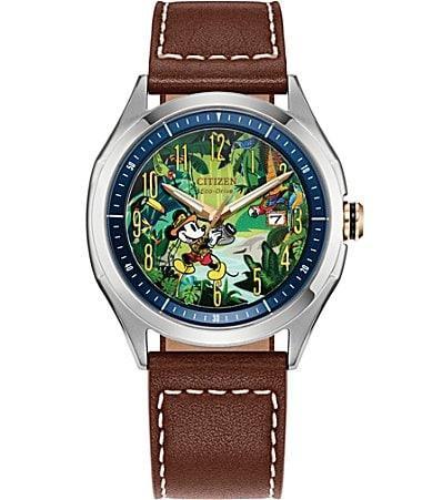 Disneys Mickey Mouse Explorer Citizen Mens Eco-Drive Stainless Steel Brown Leather Strap Watch - AW1149-06W Product Image