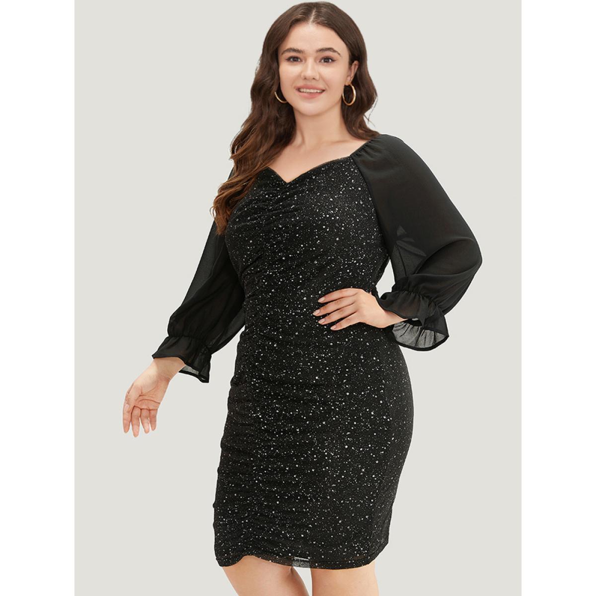 Plus Size Glitte Chiffon Square Neck Ruched Dress Black Women Party Gathered Square Neck Long Sleeve Curvy Knee Dress BloomChic 22-24/3X Product Image