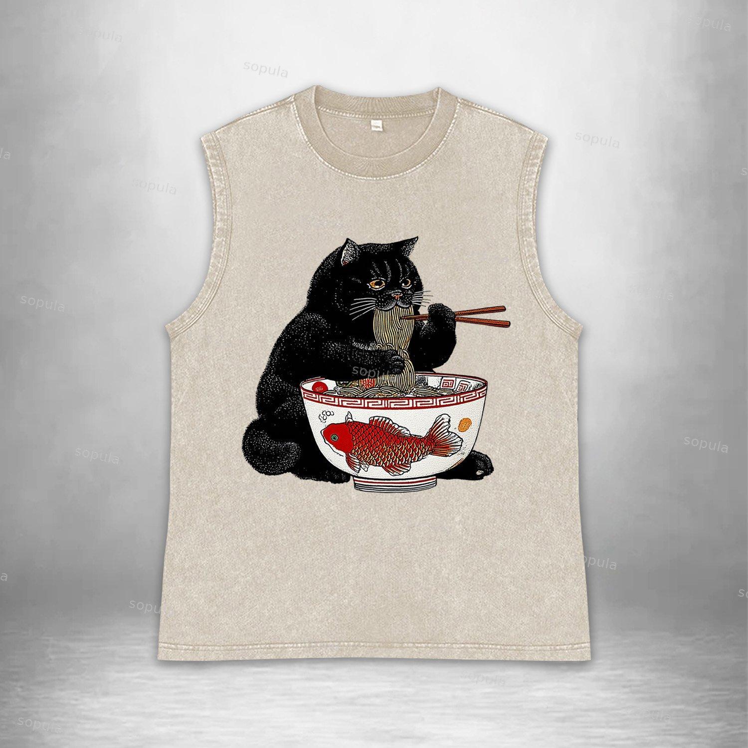 Fat Cat Eating Ramen Acid Washed Tank Top Product Image