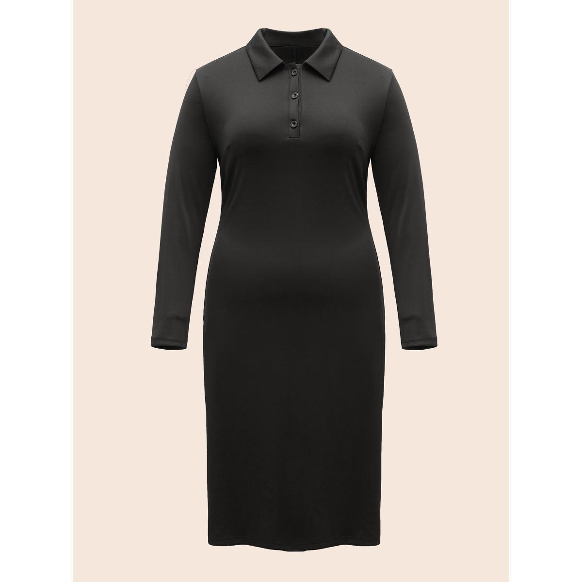 Plus Size Shirt Collar Button Up Midi Dress Black Women Elegant Button Shirt collar Long Sleeve Curvy BloomChic 26/4X Product Image
