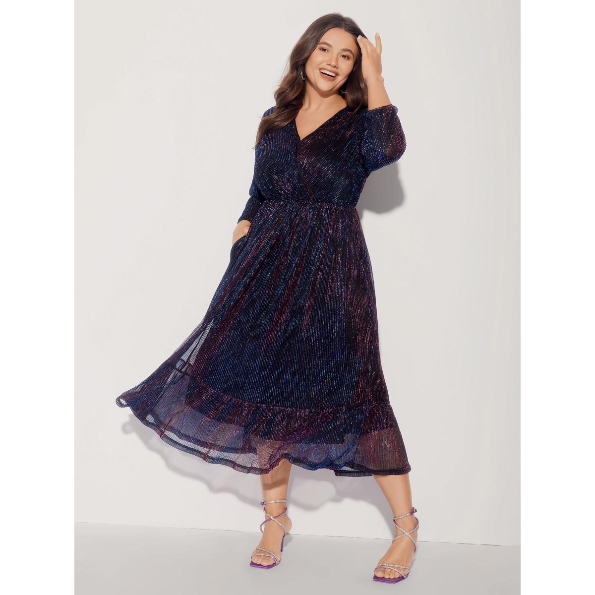 Plus Size Luxe Mesh Pleated Elastic Waist Wrap Dress Blackcurrant Women Party Texture Overlap Collar Elbow-length sleeve Curvy Midi Dress BloomChic 30/6X Product Image