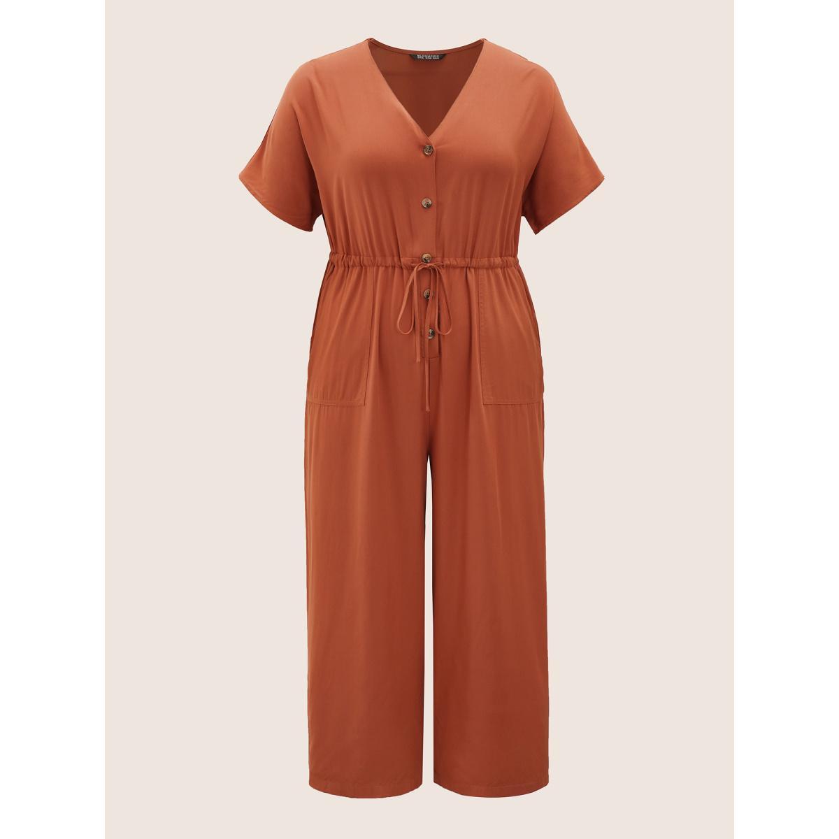 Plus Size Chocolate Plain Button Up Drawstring Gathered Pocket Jumpsuit Women Casual Short sleeve V-neck Everyday Loose Jumpsuits BloomChic 12/L Product Image