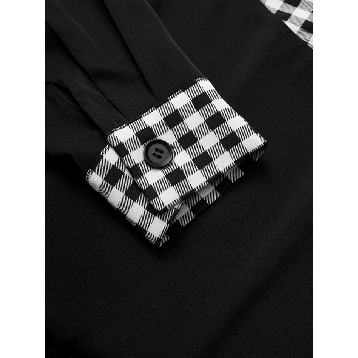 Plus Size Black Checkered Patchwork Asymmetrical Neck Button Detail Blouse Women Office Long Sleeve Asymmetrical Neck Work Blouses BloomChic 26/4X Product Image