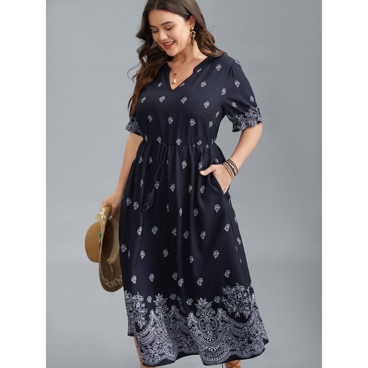 Plus Size Floral Waist-Tie Notched Collar Midi Dress Indigo Women Resort Ruffles Notched collar Half Sleeve Curvy BloomChic 12/L Product Image