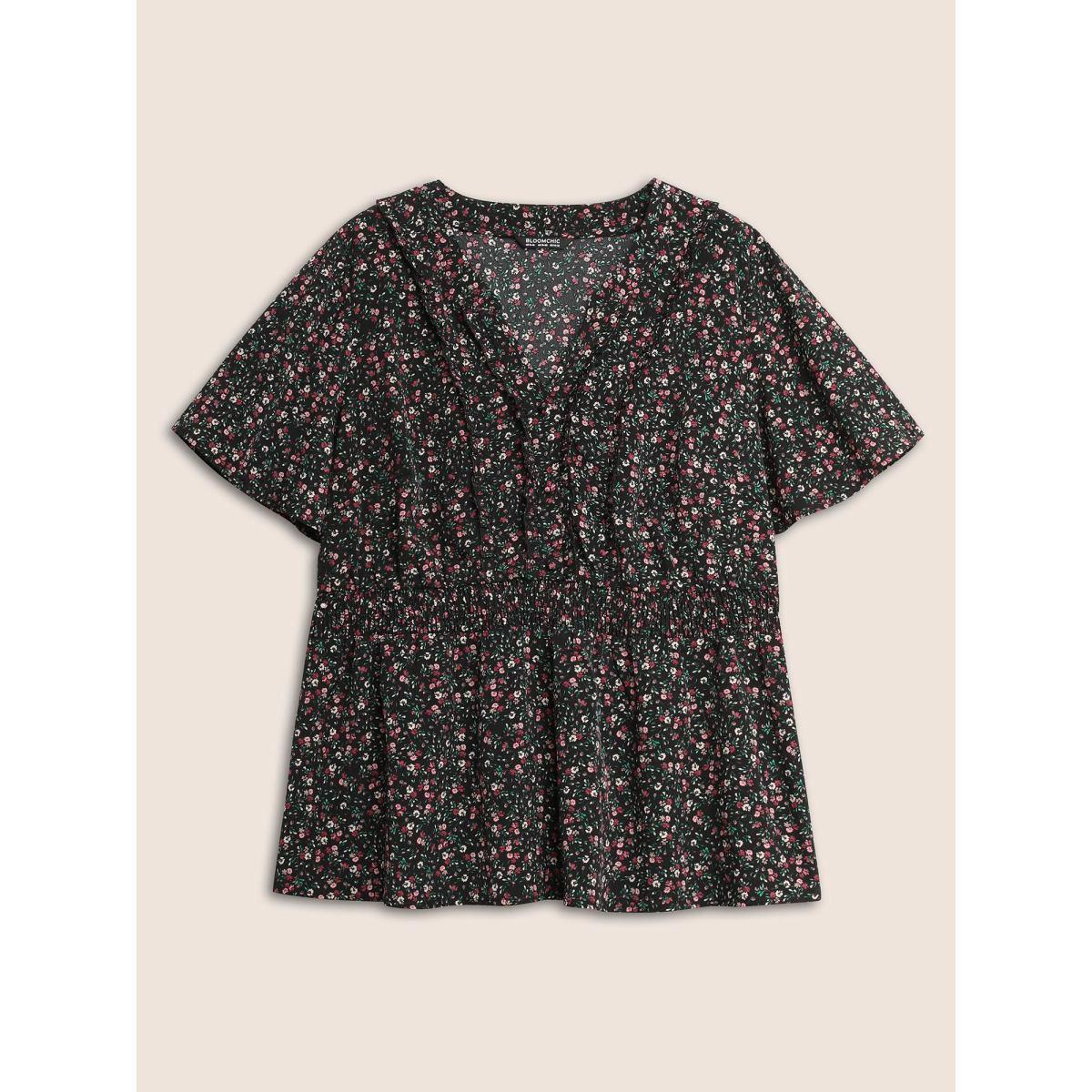 Plus Size Black Ditsy Floral Shirred Frill Trim Blouse Women Elegant Short sleeve Notched collar Everyday Blouses BloomChic 10/M Product Image