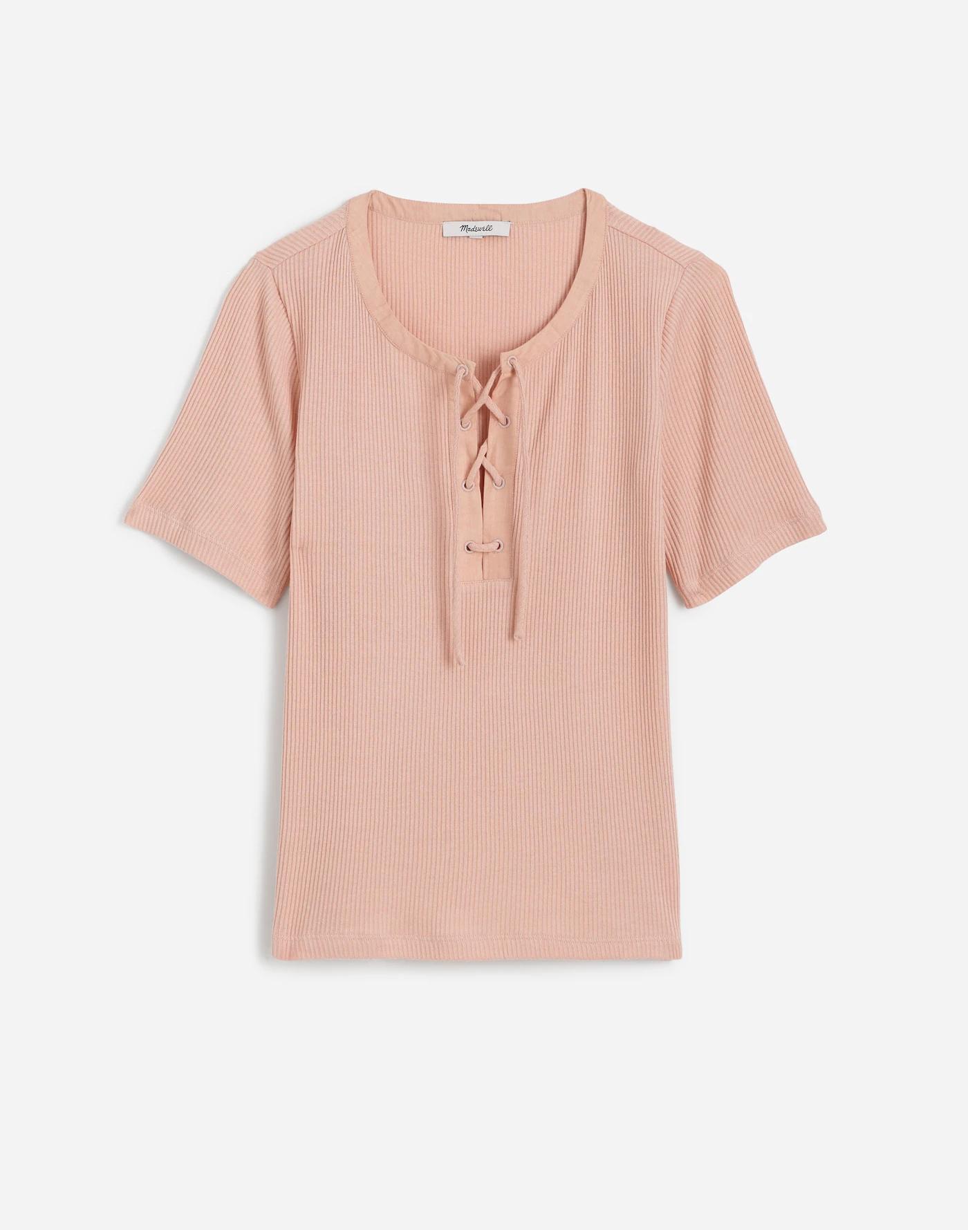 Ribbed Lace-Up Short-Sleeve Tee Product Image