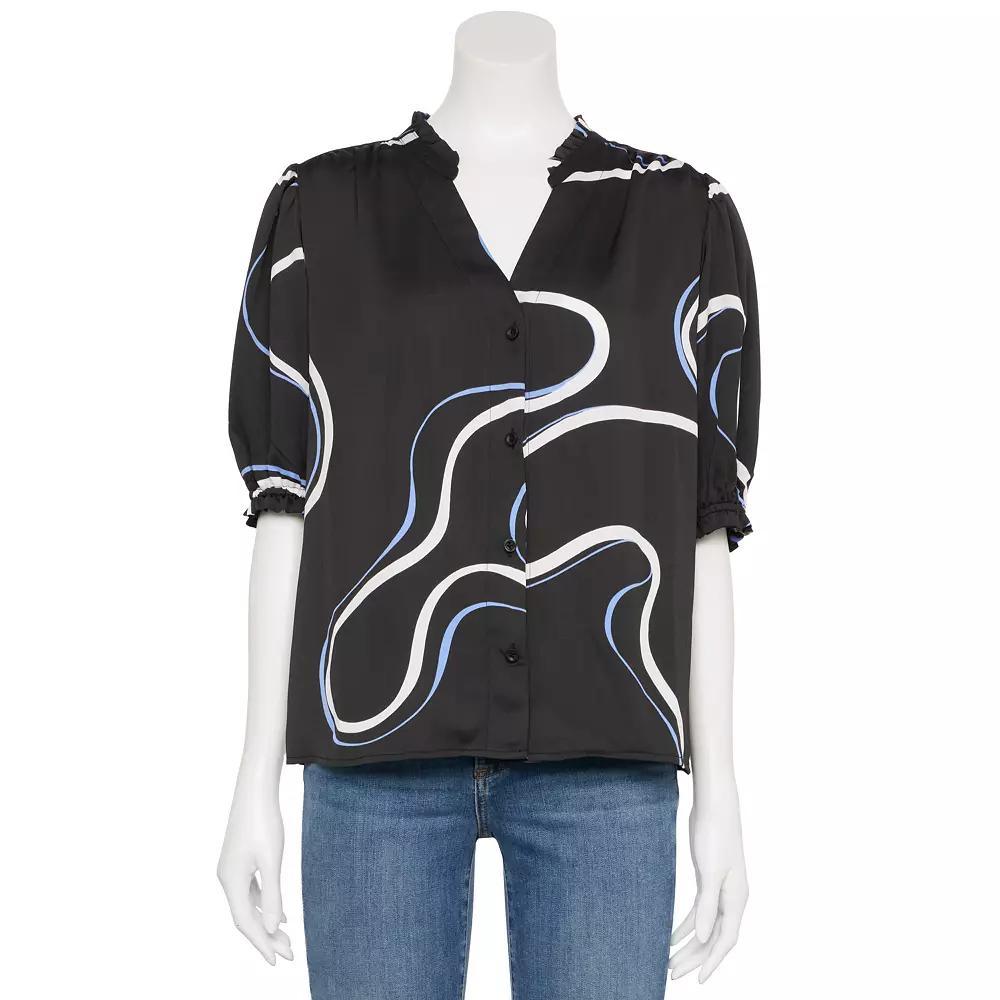 Women's Nine West Adaptive Short Sleeve Button Down Ruffle Shirt, Size: Small, Black Simple Swirl Product Image