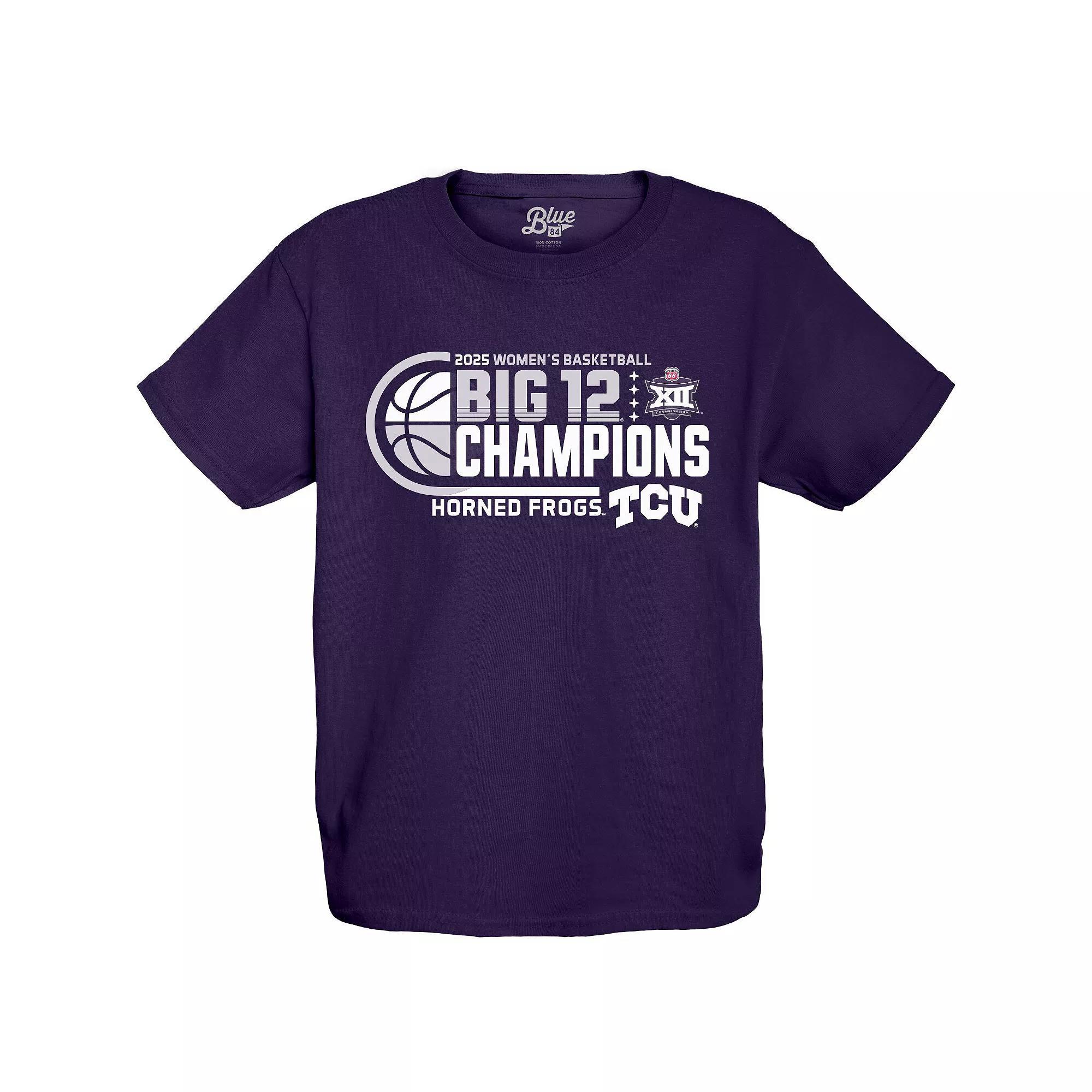 Youth Blue 84 Purple TCU Horned Frogs 2025 Big 12 Women's Basketball Conference Tournament Champions Locker Room T-Shirt, Girl's, Size: YTH Large Product Image