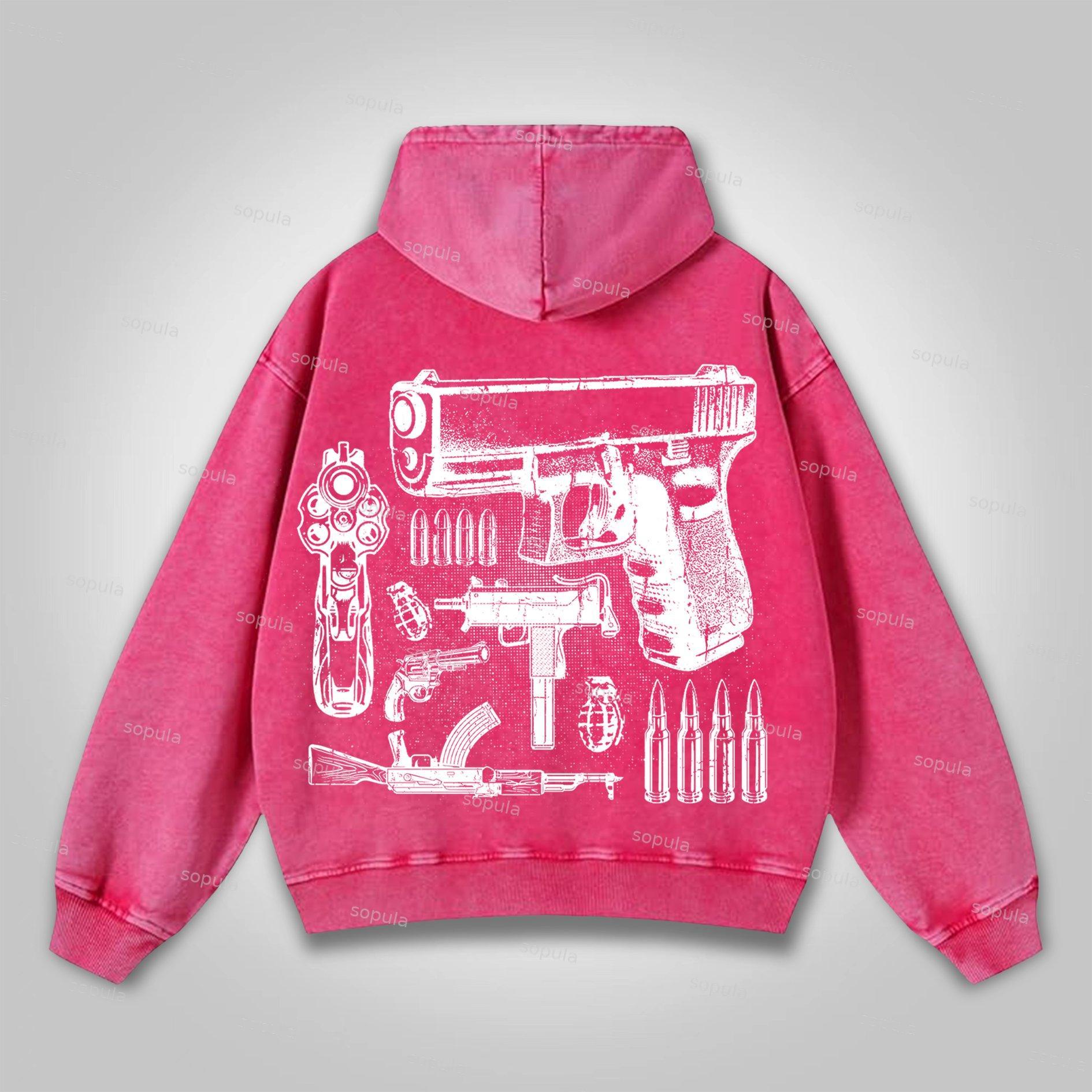 Sopula Who Cares？vintage Outlet Firearms Graphics Washed Distressed Pocket Hoodie Product Image