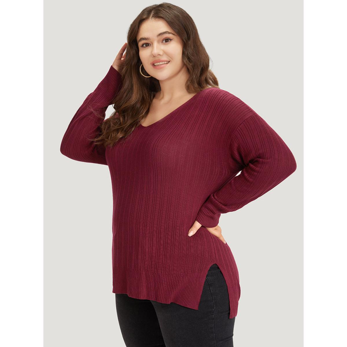 Plus Size Supersoft Essentials Plain Rib Knit Split Side Pullover Burgundy Women Casual Bodycon Long Sleeve Round Neck Dailywear Pullovers BloomChic 30/6X Product Image