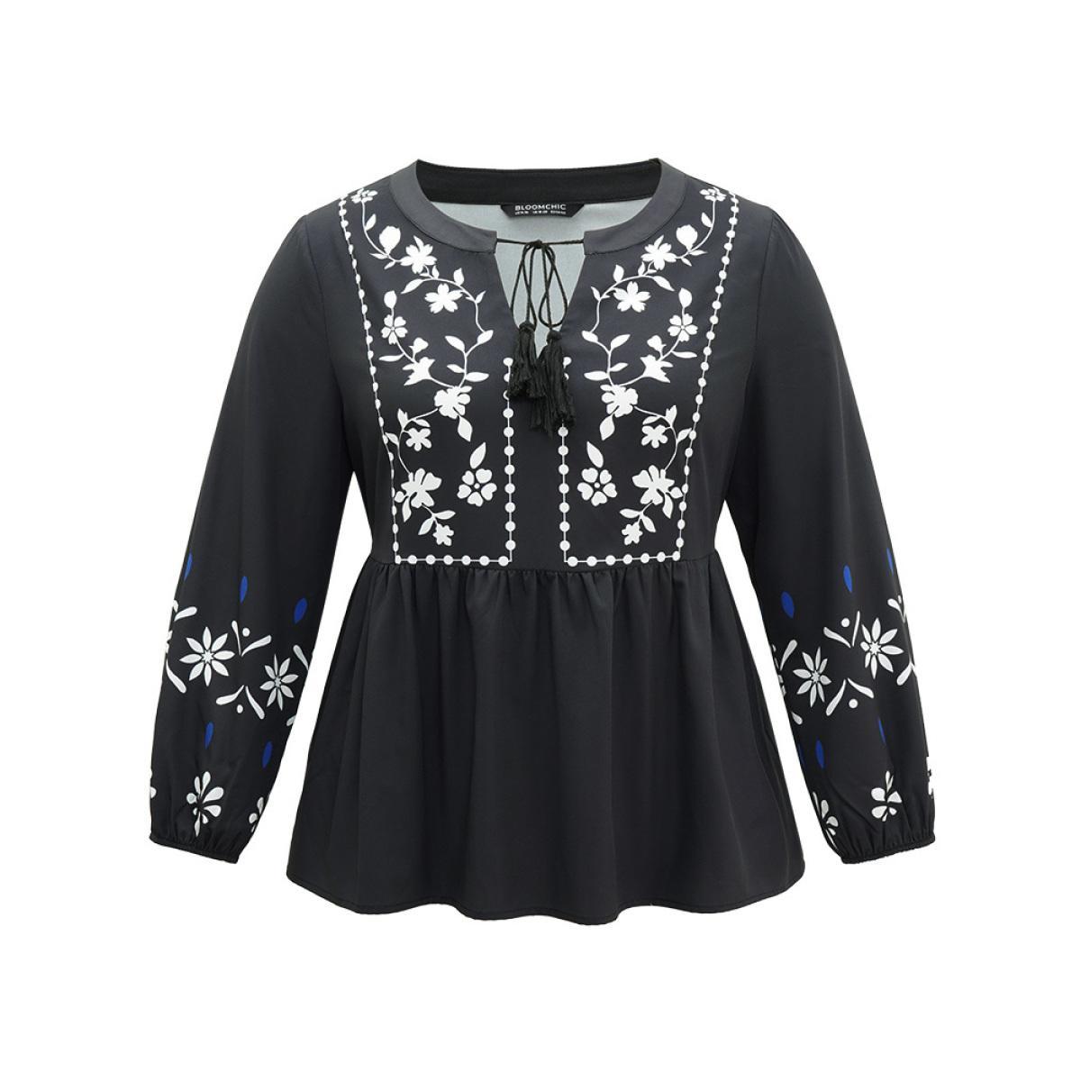 Plus Size Black Boho Print Tie Neck Elastic Waist Tassels Blouse Women Resort Long Sleeve Tie Neck Vacation Blouses BloomChic 12/L Product Image