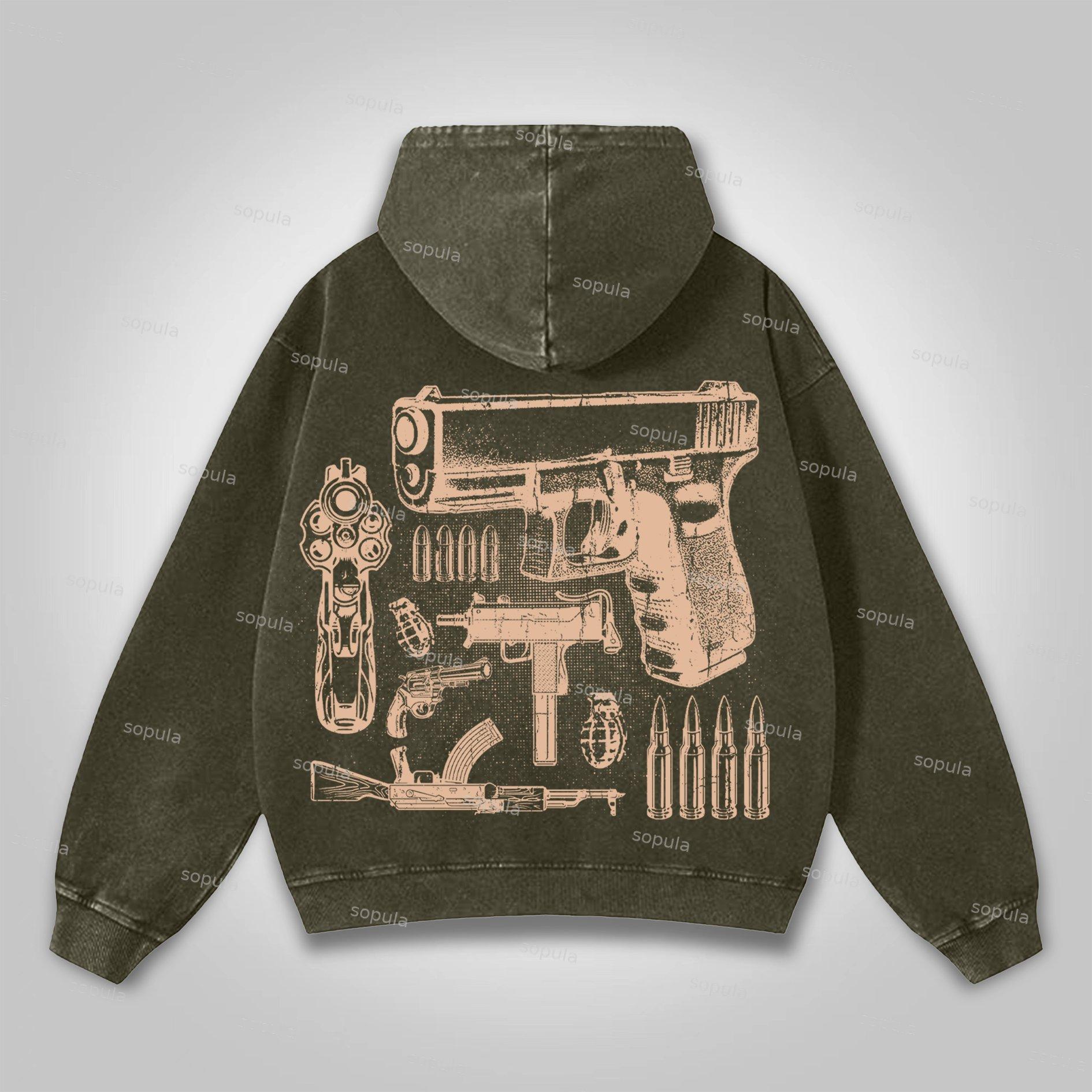 Sopula Who Cares？vintage Outlet Firearms Graphics Washed Distressed Pocket Hoodie Product Image