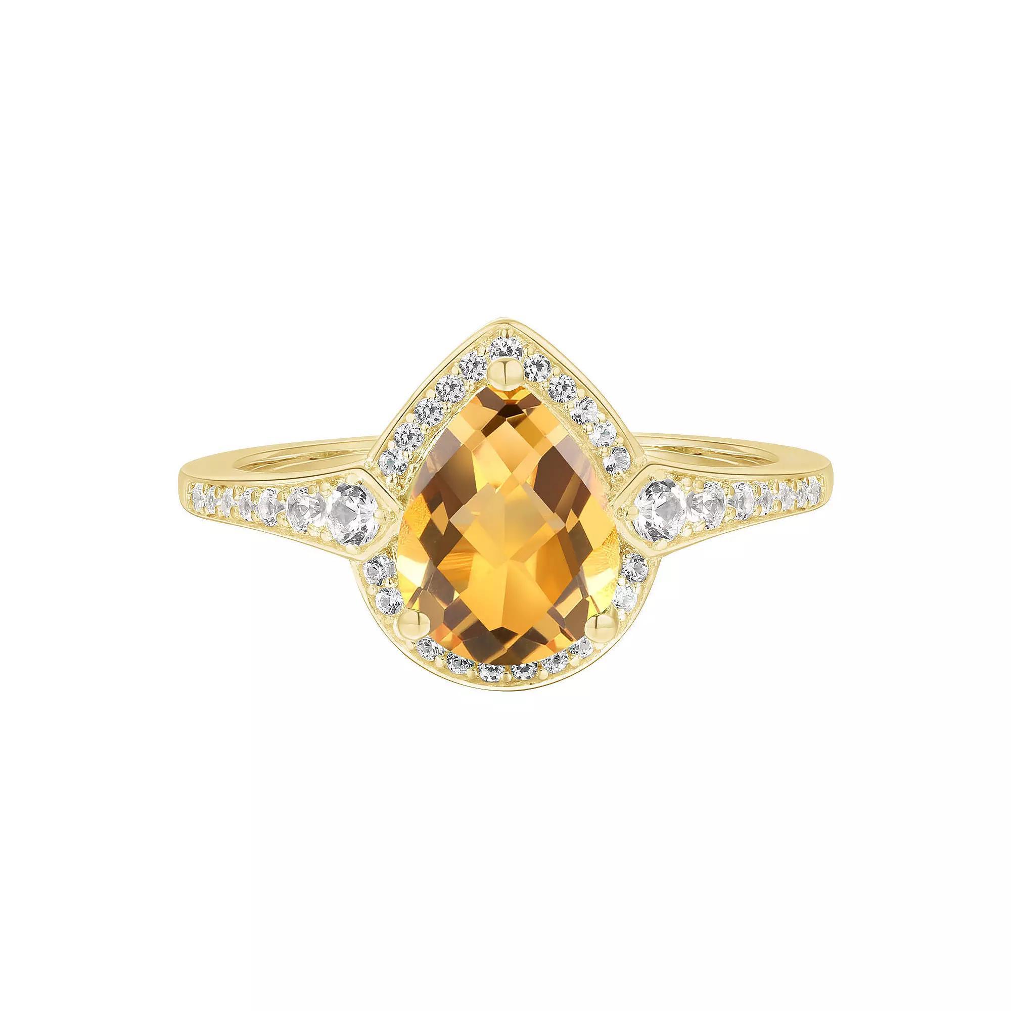 14k Gold Over Silver Citrine & Lab-Created White Sapphire Teardrop Halo Ring, Women's, Size: 7, Gold Tone Product Image