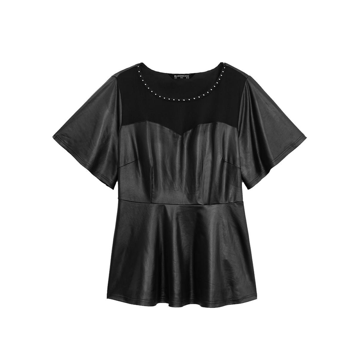 Plus Size Black PU Leather Mesh Patchwork Pearl Beaded Blouse Women Glamour Short sleeve Round Neck Party Blouses BloomChic 12/L Product Image