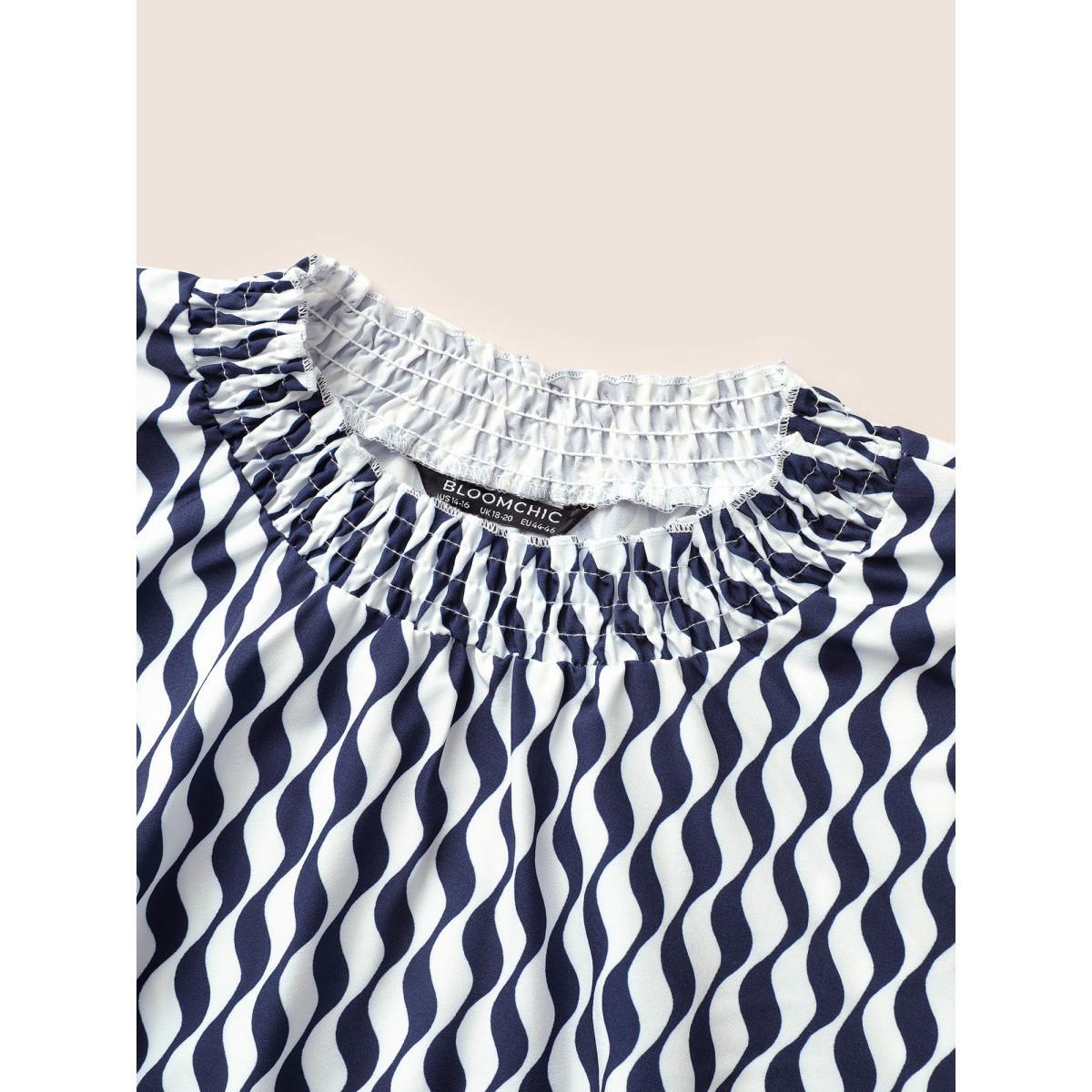 Plus Size Blue Geometric Mock Neck Shirred Ruffle Sleeve Blouse Women At the Office Short sleeve Mock Neck Work Blouses BloomChic 10/M Product Image