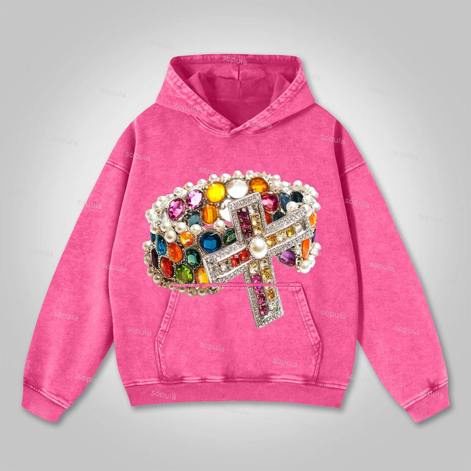 Sopula Vintage Diamond Cross Graphic Washed Hoodie Product Image