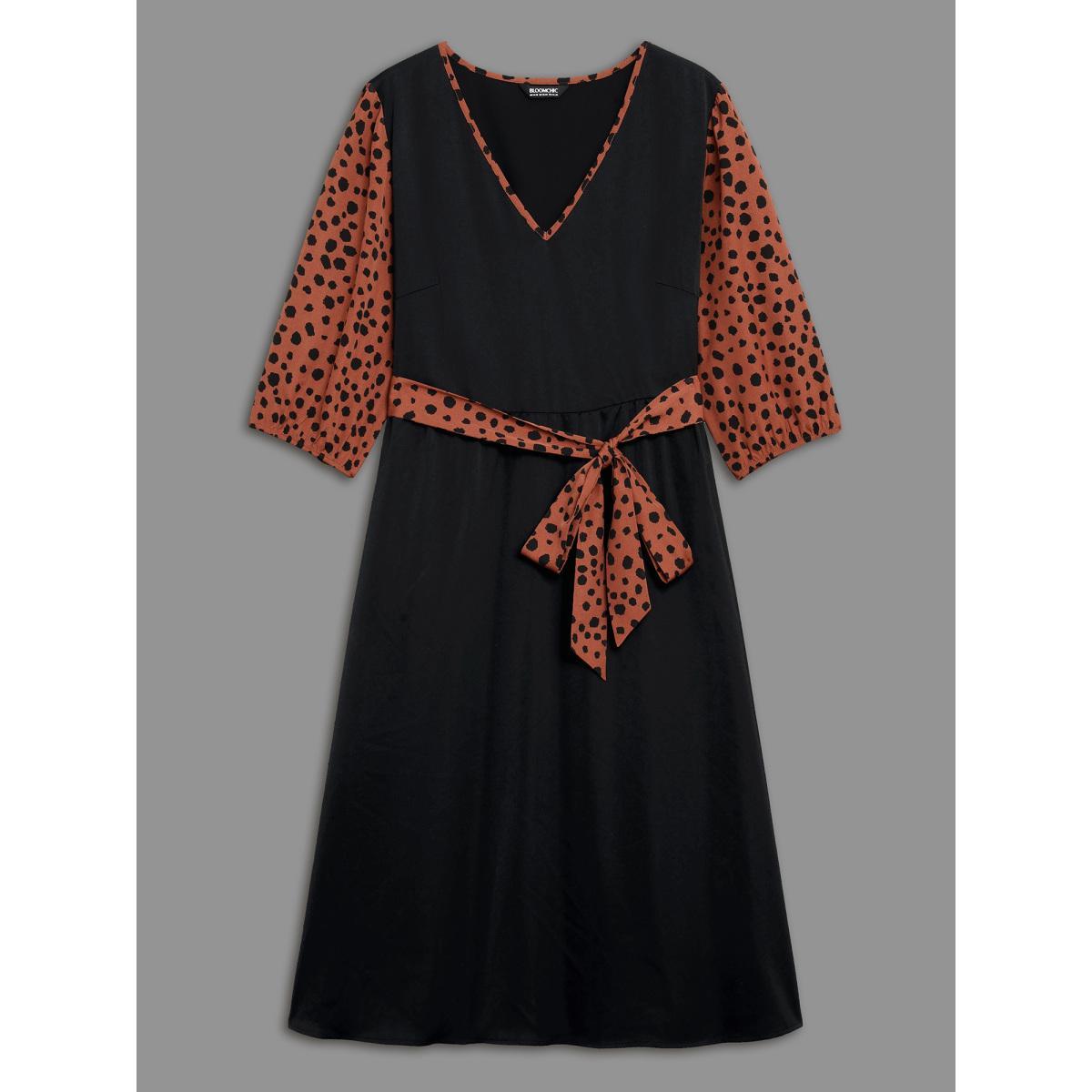 Plus Size V Neck Polka Dot Color contrast Dress Black Women Elegant Belted V-neck Elbow-length sleeve Curvy BloomChic 14-16/1X Product Image